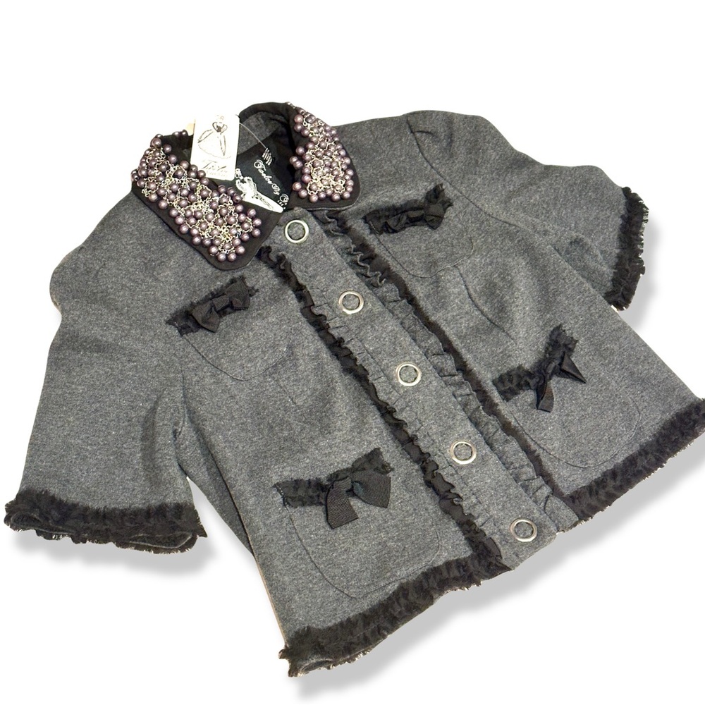 ANTHROPOLOGIE Twelve by Twelve Gray Pearl Embellished Jacket w Bows | NWT Small - Picture 2 of 9